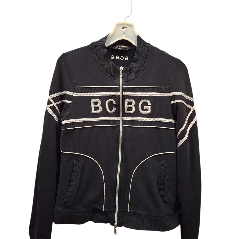 "BCBG" Black Track Jacket with Sporty Design and Silver Stitching on BCBG